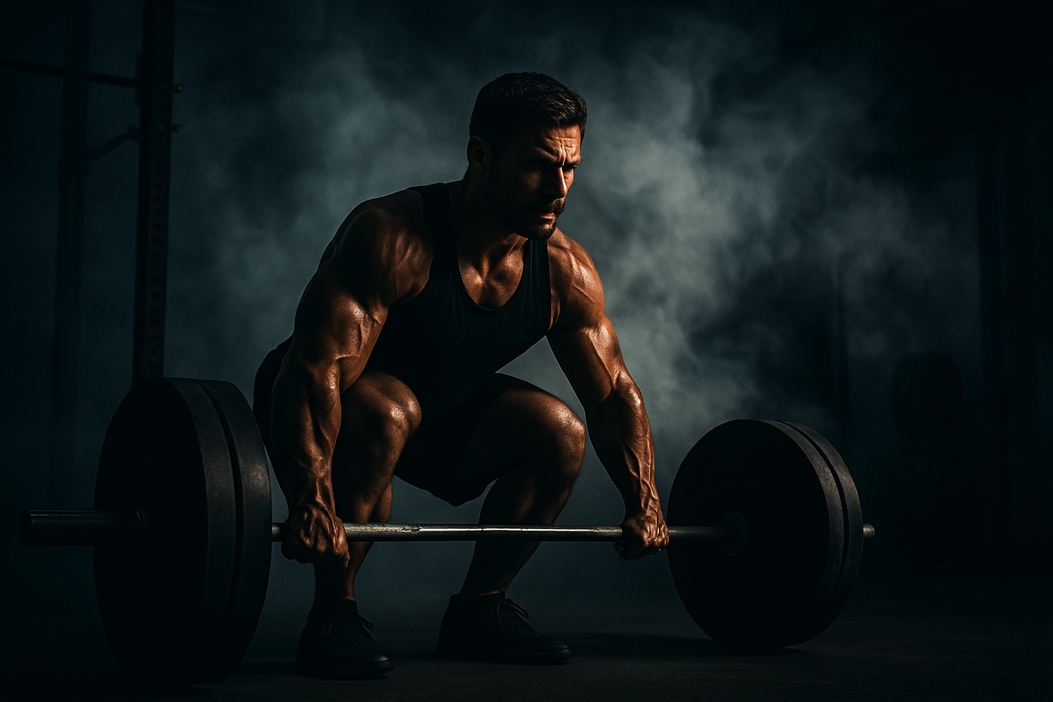 Man lifting in a dark gym with smoke in the background